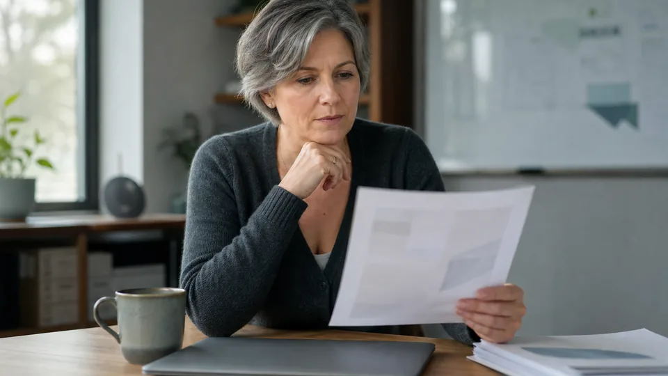 Owner of a small contracting firm comparing government bid sources at her desk in the early morning