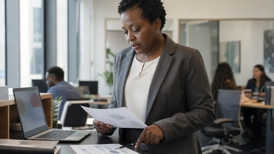 Capture manager comparing an annual software seat quote with her team budget at a standing desk