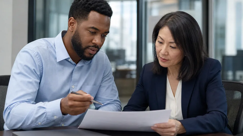 Business development lead and finance manager reviewing a software quote in a small conference room