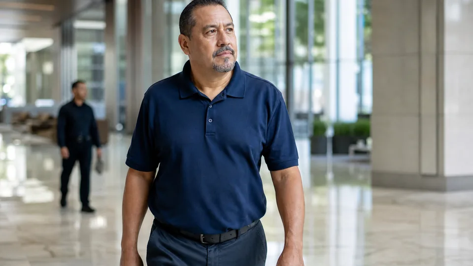 Services supervisor walking through the lobby of a large office building his company covers