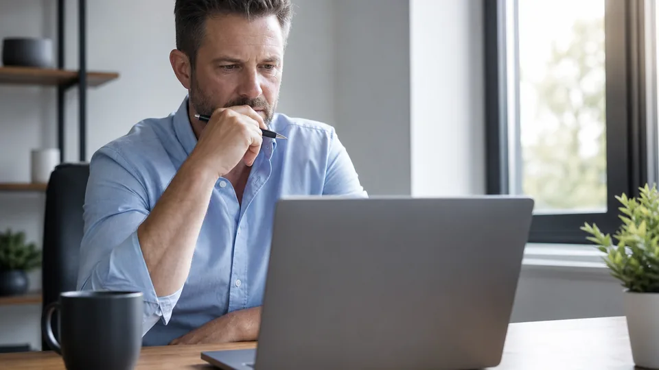Company owner deciding which government bids to chase at his desk