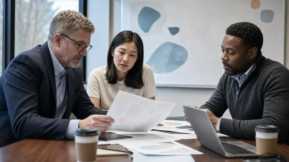 Partners of a small consulting firm reviewing the morning list of federal consulting bids at a conference table