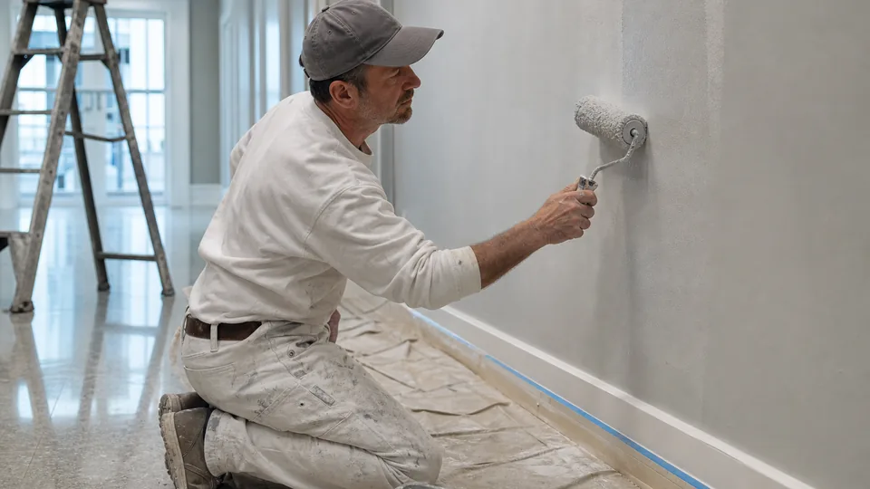 Commercial painter rolling fresh paint on a corridor wall inside a federal office building
