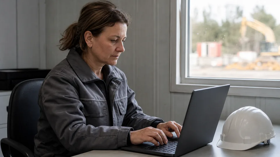 Contractor entering her company profile on a laptop in the site office
