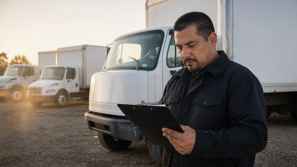 Owner of a small trucking company checking paperwork beside a box truck in the company yard at dawn